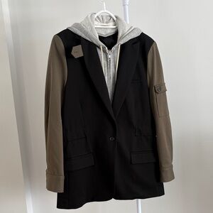 Central Park West Black Blazer with Olive Sleeves and Gray Hood